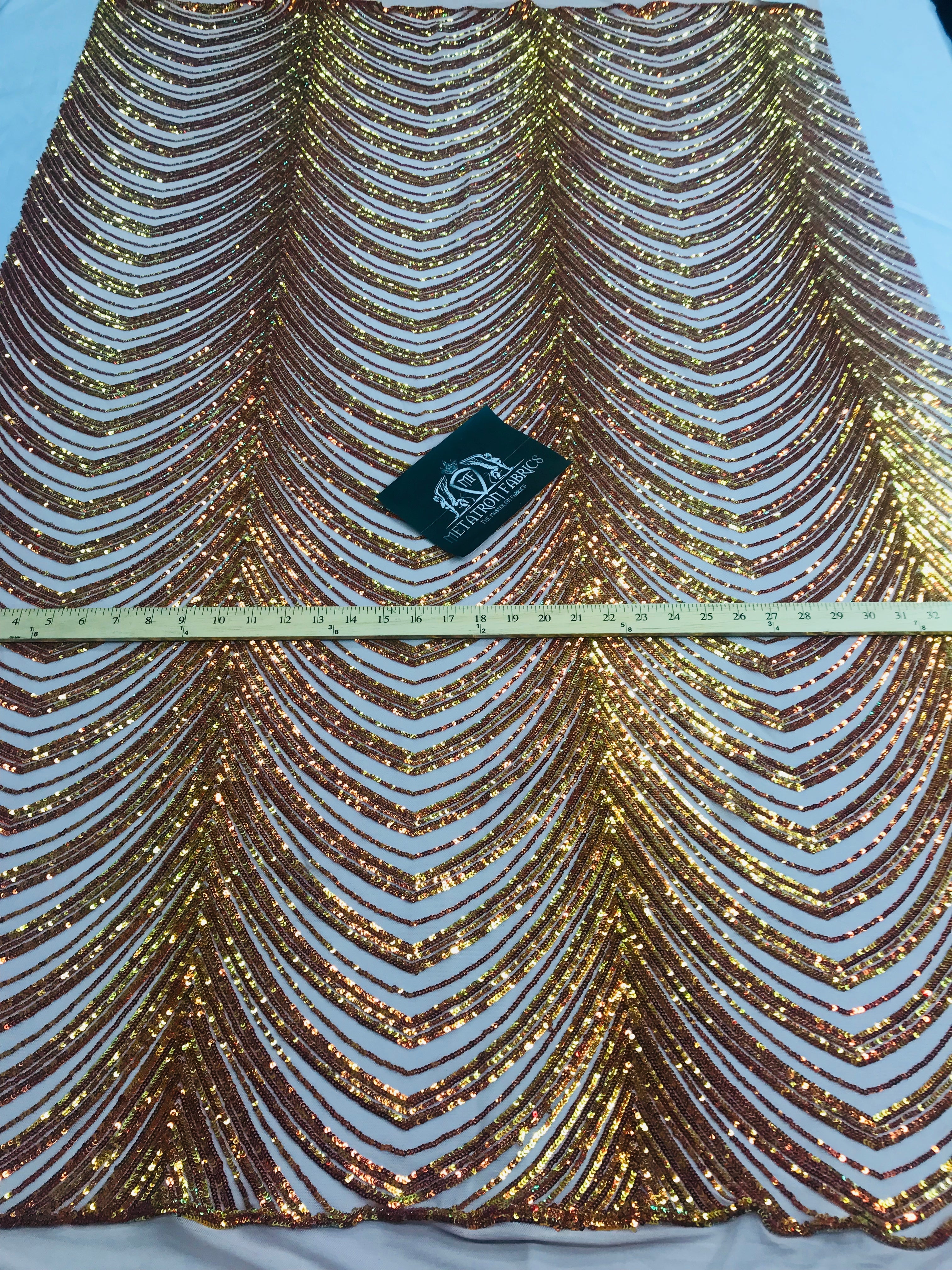 Sequins in Lines - Orange / Nude Mesh - Iridescent 4 Way Stretch Two Tone Design Sequins Fabric