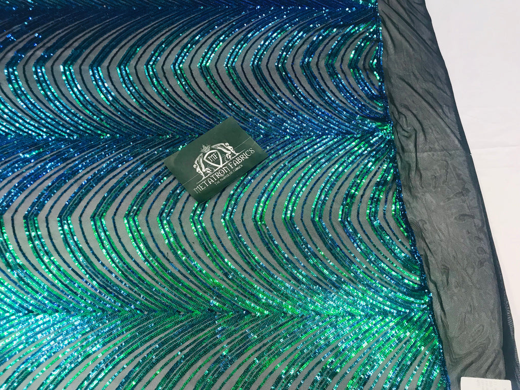 Sequins in Lines - Jade Green / Blue - Iridescent 4 Way Stretch Two Tone Color Design Sequins Fabric