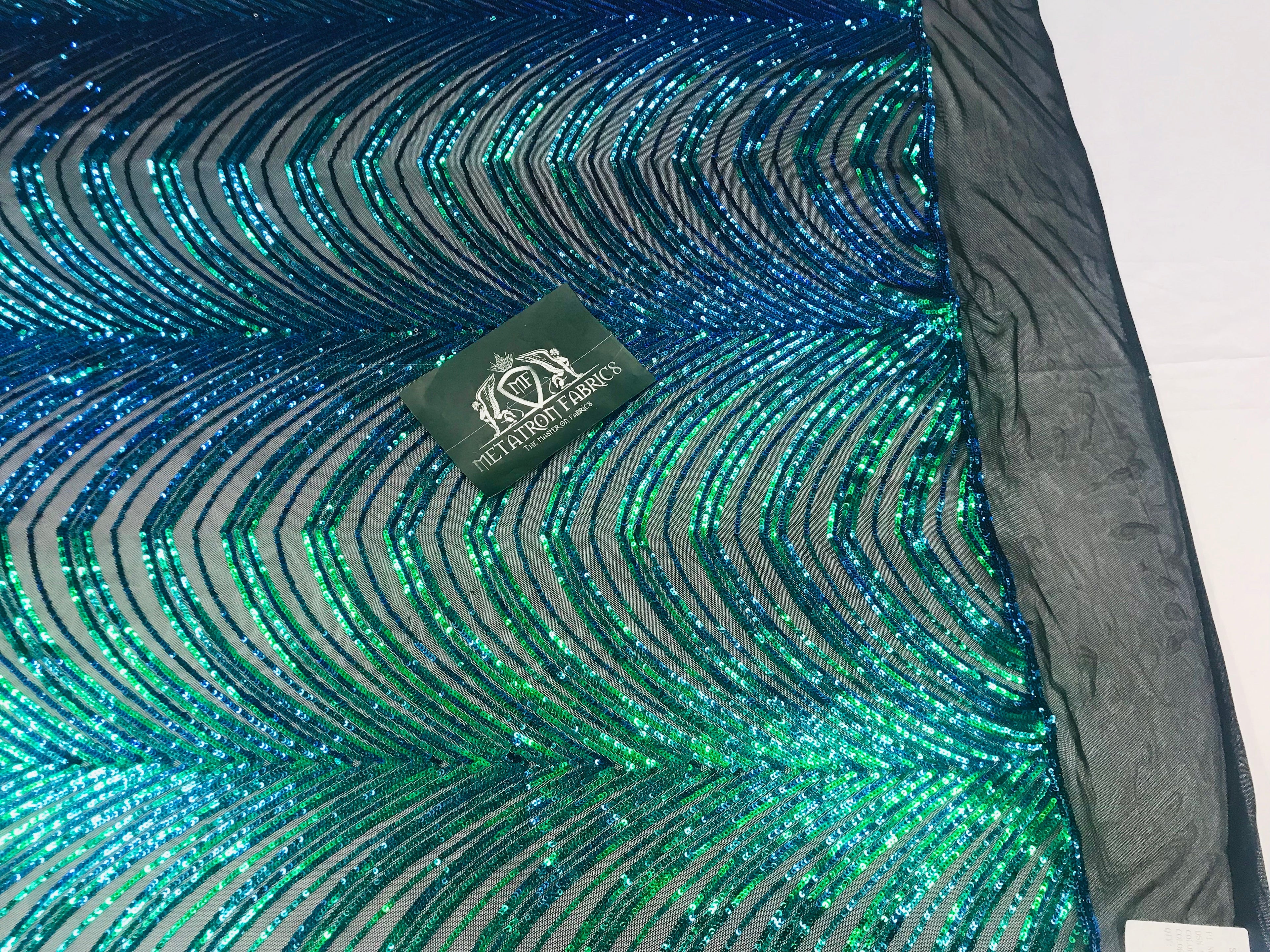 Sequins in Lines - Jade Green / Blue - Iridescent 4 Way Stretch Two Tone Color Design Sequins Fabric