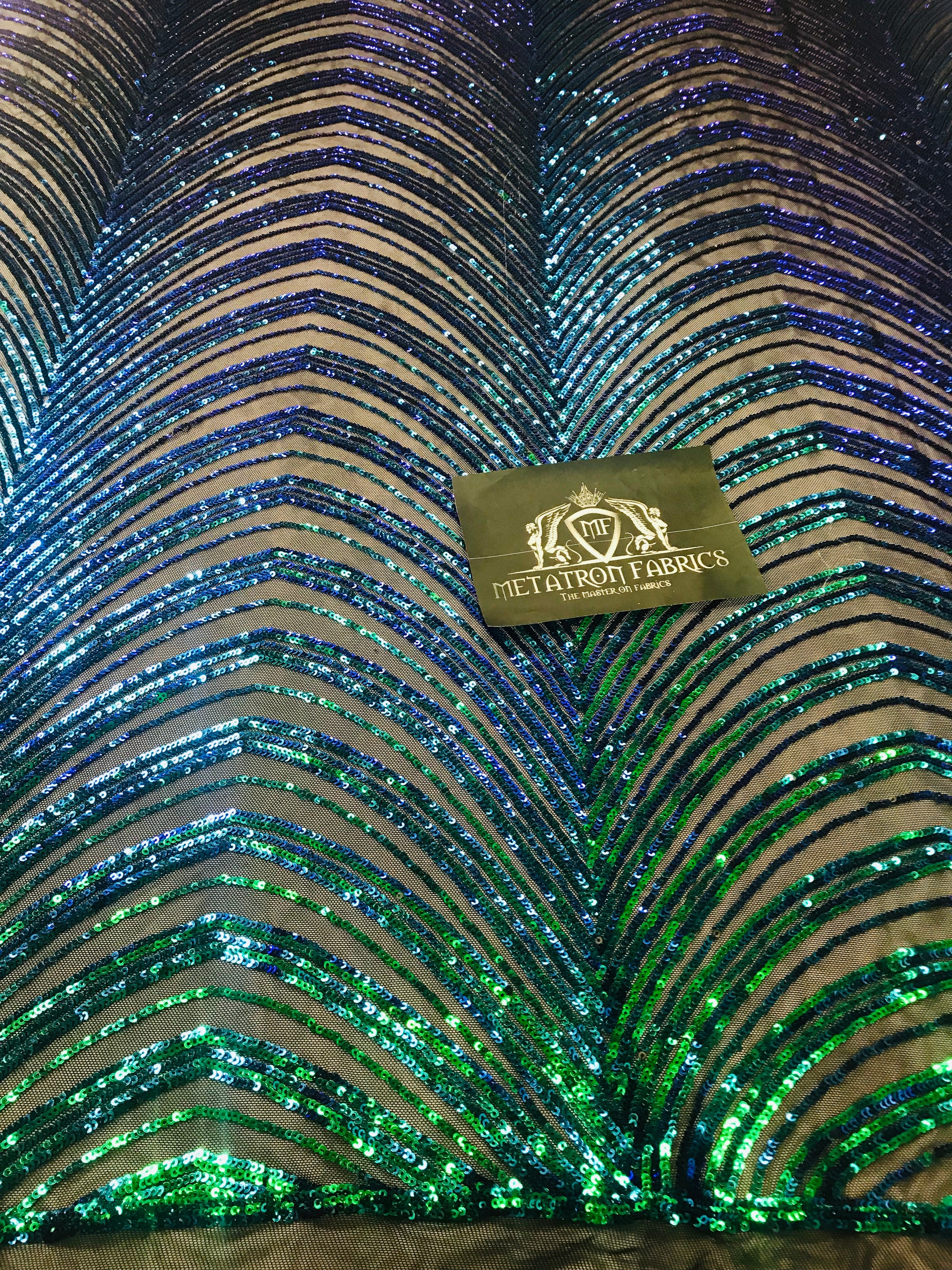 Sequins in Lines - Jade Green / Blue - Iridescent 4 Way Stretch Two Tone Color Design Sequins Fabric