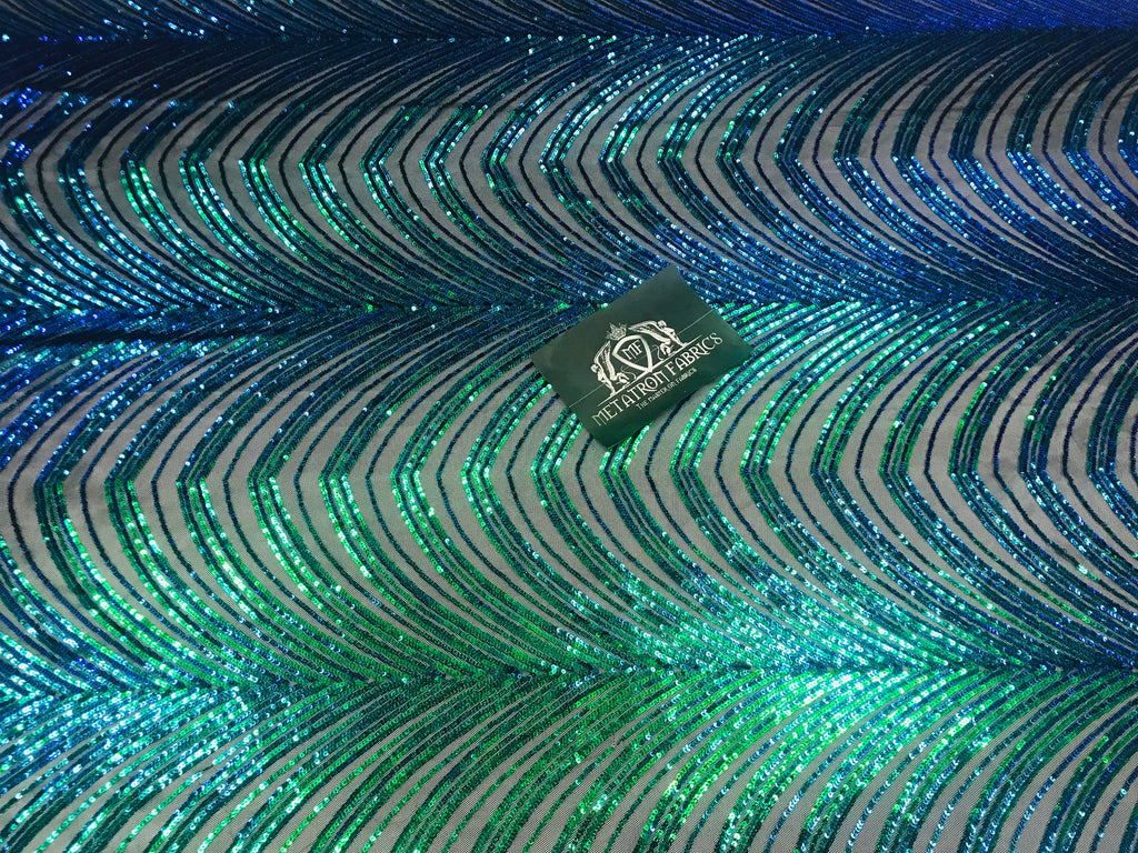 Sequins in Lines - Jade Green / Blue - Iridescent 4 Way Stretch Two Tone Color Design Sequins Fabric