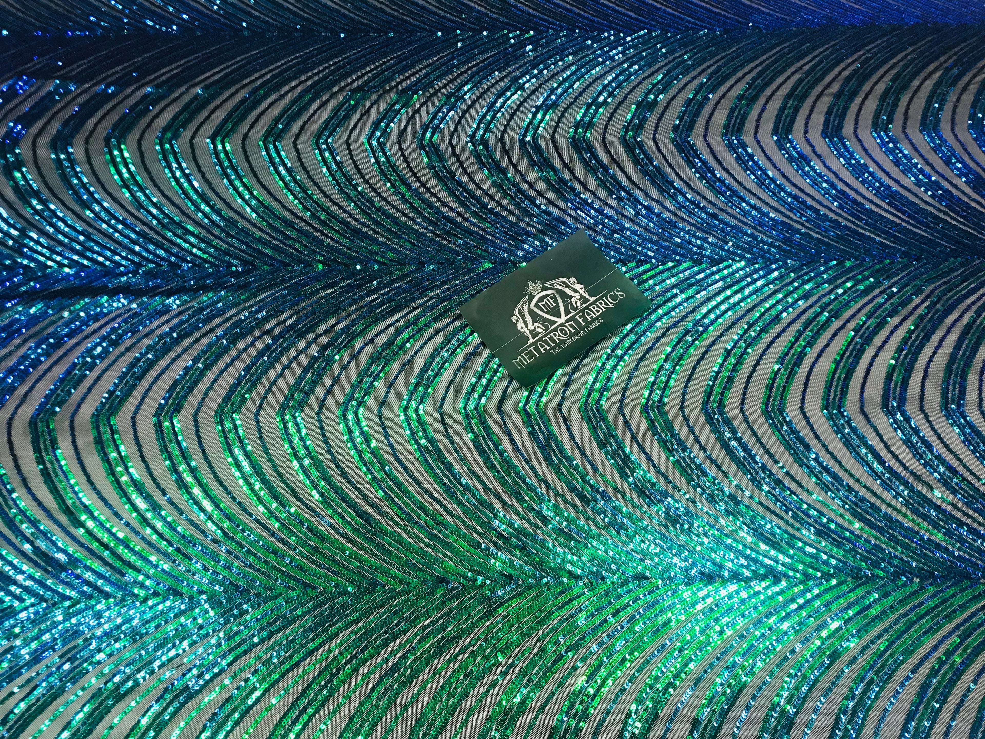 Sequins in Lines - Jade Green / Blue - Iridescent 4 Way Stretch Two Tone Color Design Sequins Fabric