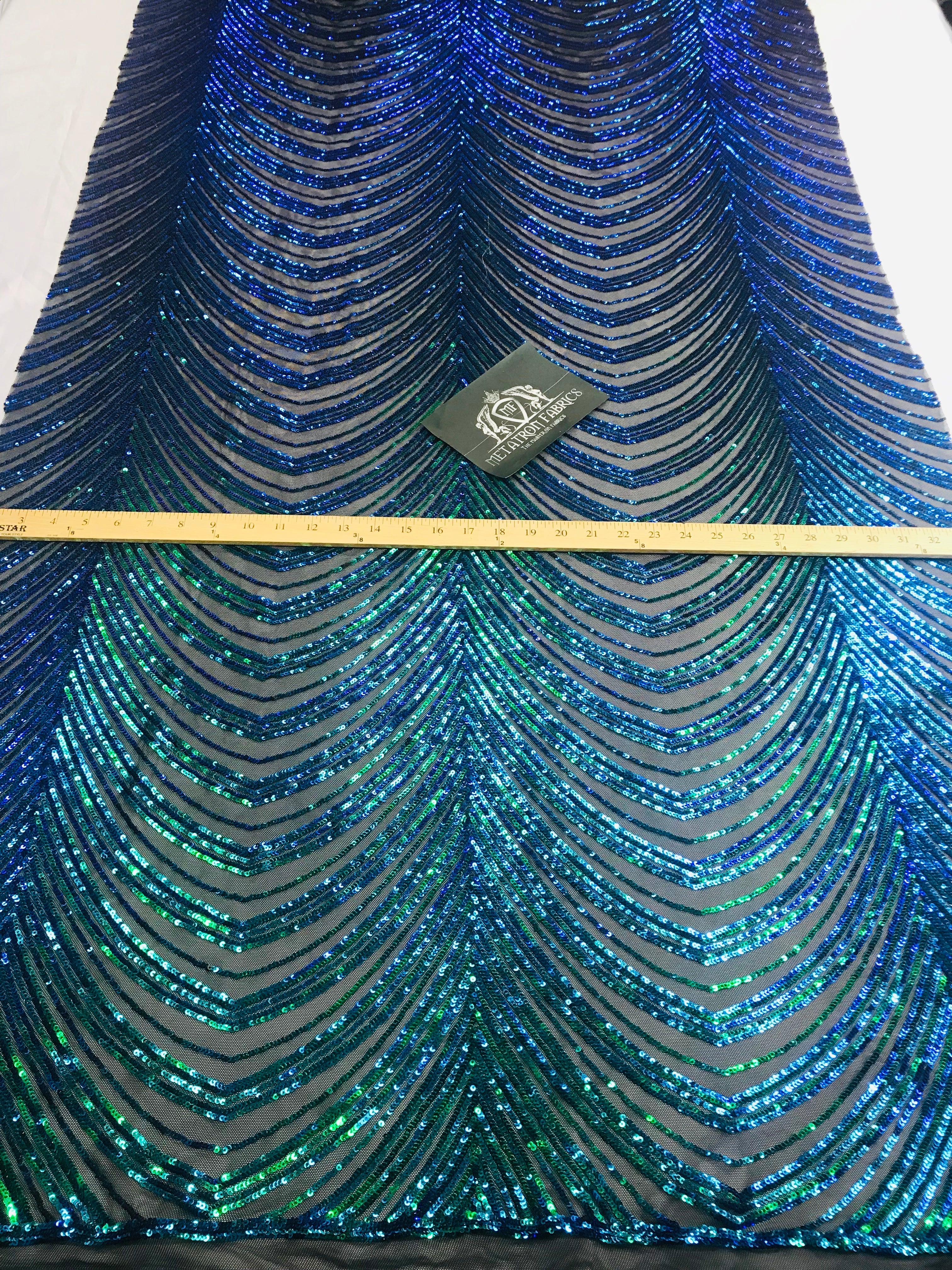 Sequins in Lines - Jade Green / Blue - Iridescent 4 Way Stretch Two Tone Color Design Sequins Fabric