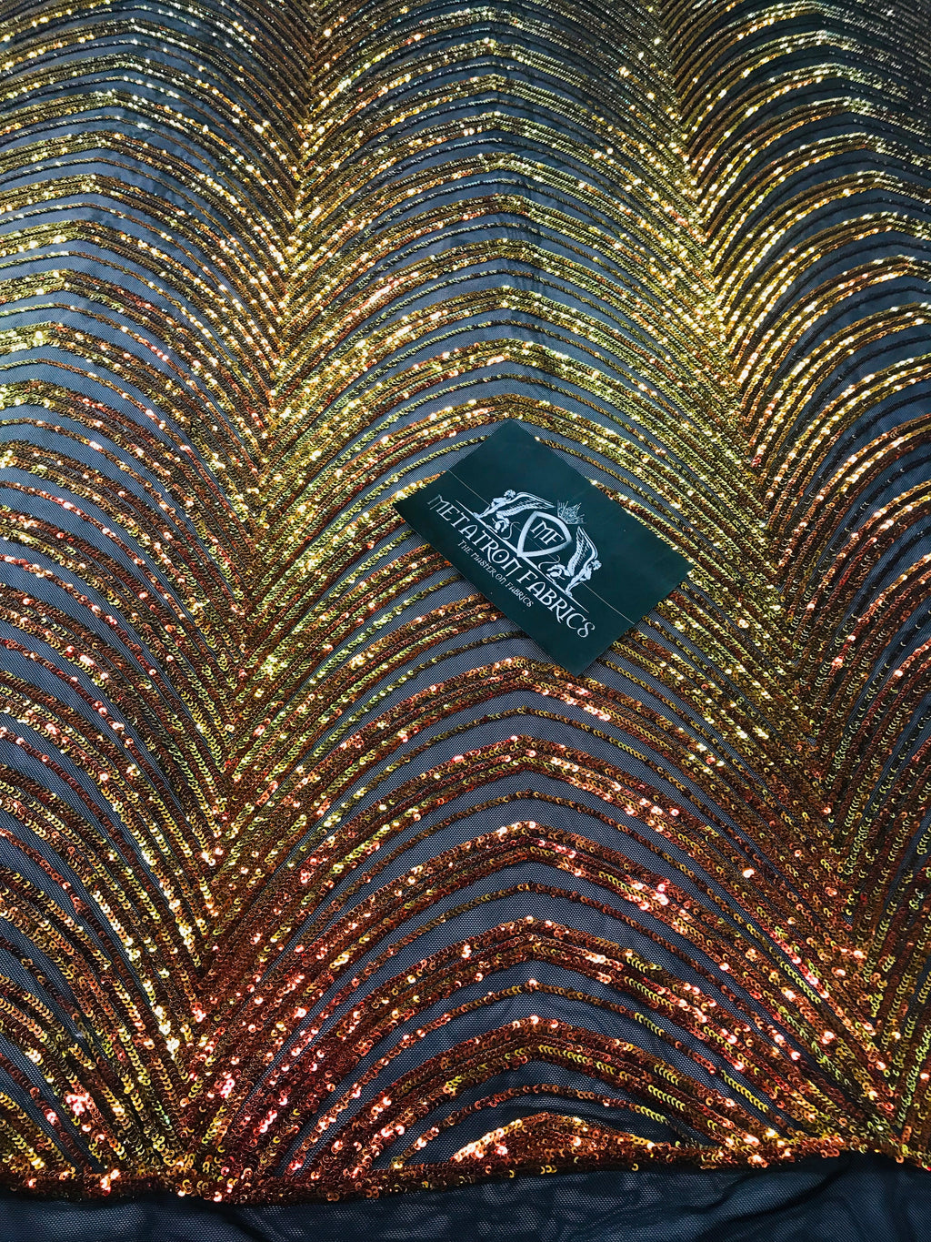 Sequins in Lines - Orange / Black Mesh - Iridescent 4 Way Stretch Two Tone  Design Sequins Fabric