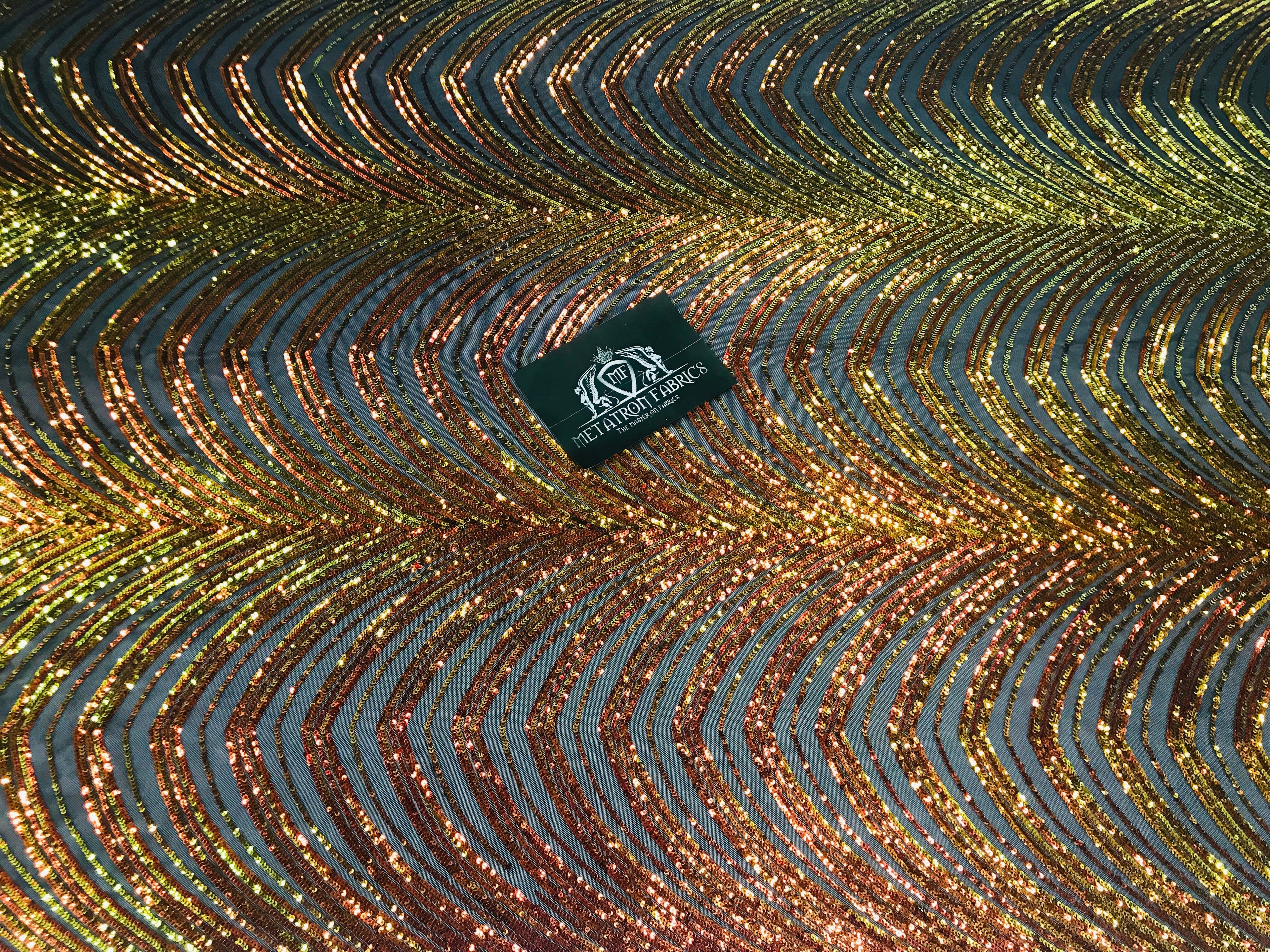 Sequins in Lines - Orange / Black Mesh - Iridescent 4 Way Stretch Two Tone  Design Sequins Fabric
