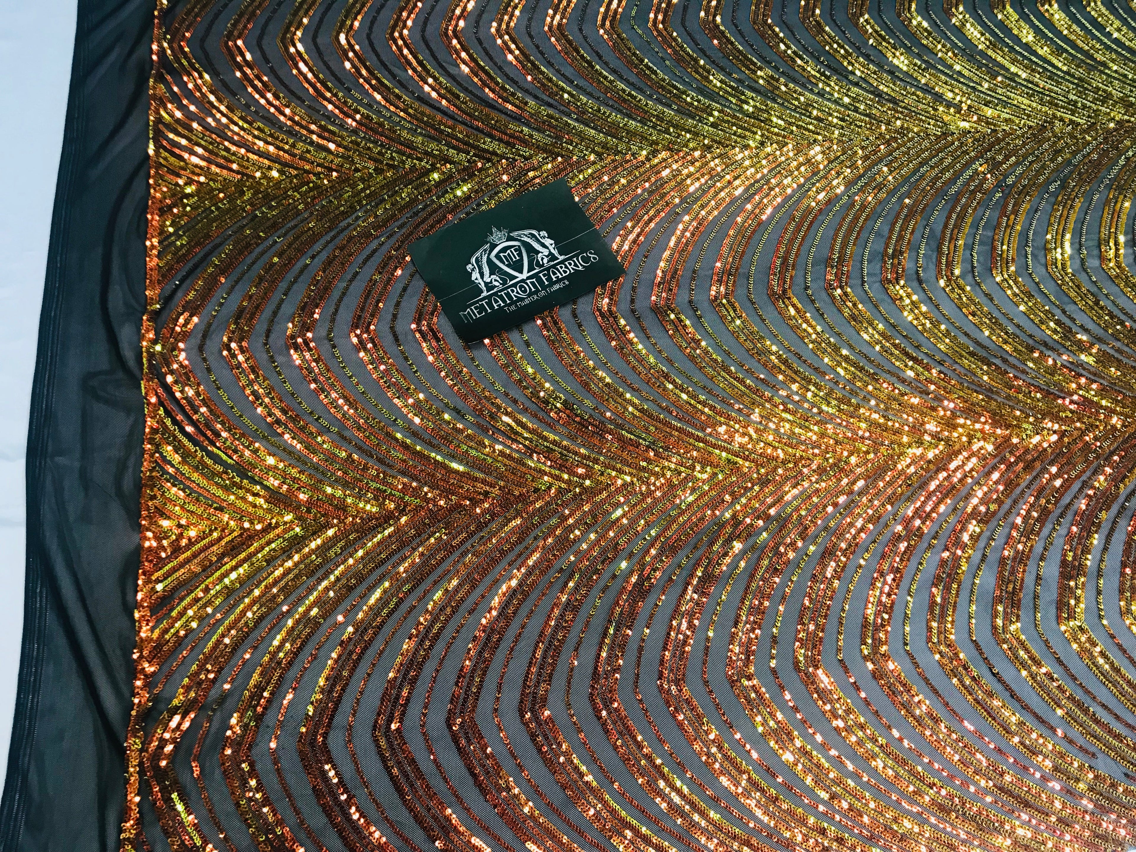 Sequins in Lines - Orange / Black Mesh - Iridescent 4 Way Stretch Two Tone  Design Sequins Fabric