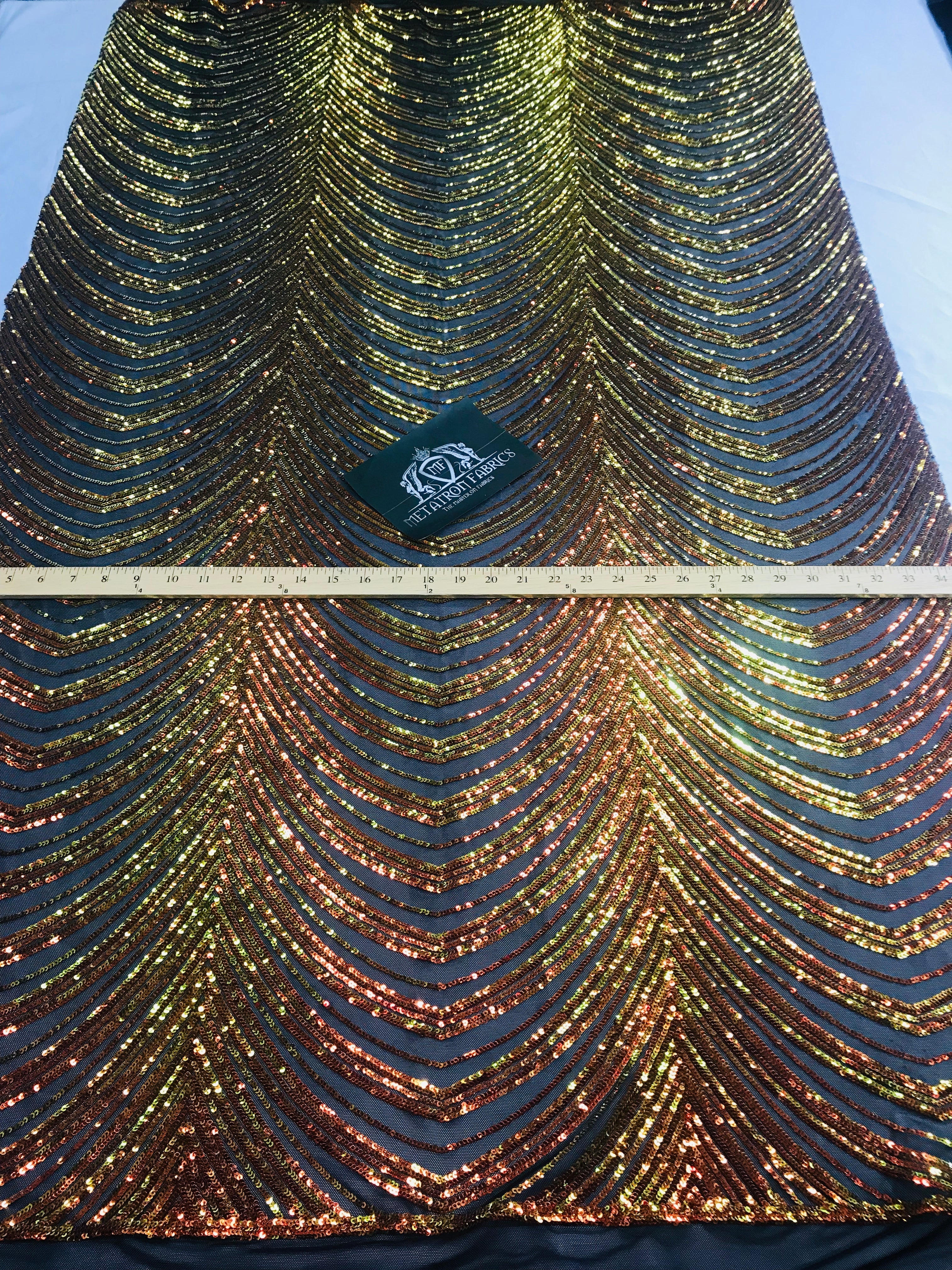 Sequins in Lines - Orange / Black Mesh - Iridescent 4 Way Stretch Two Tone  Design Sequins Fabric