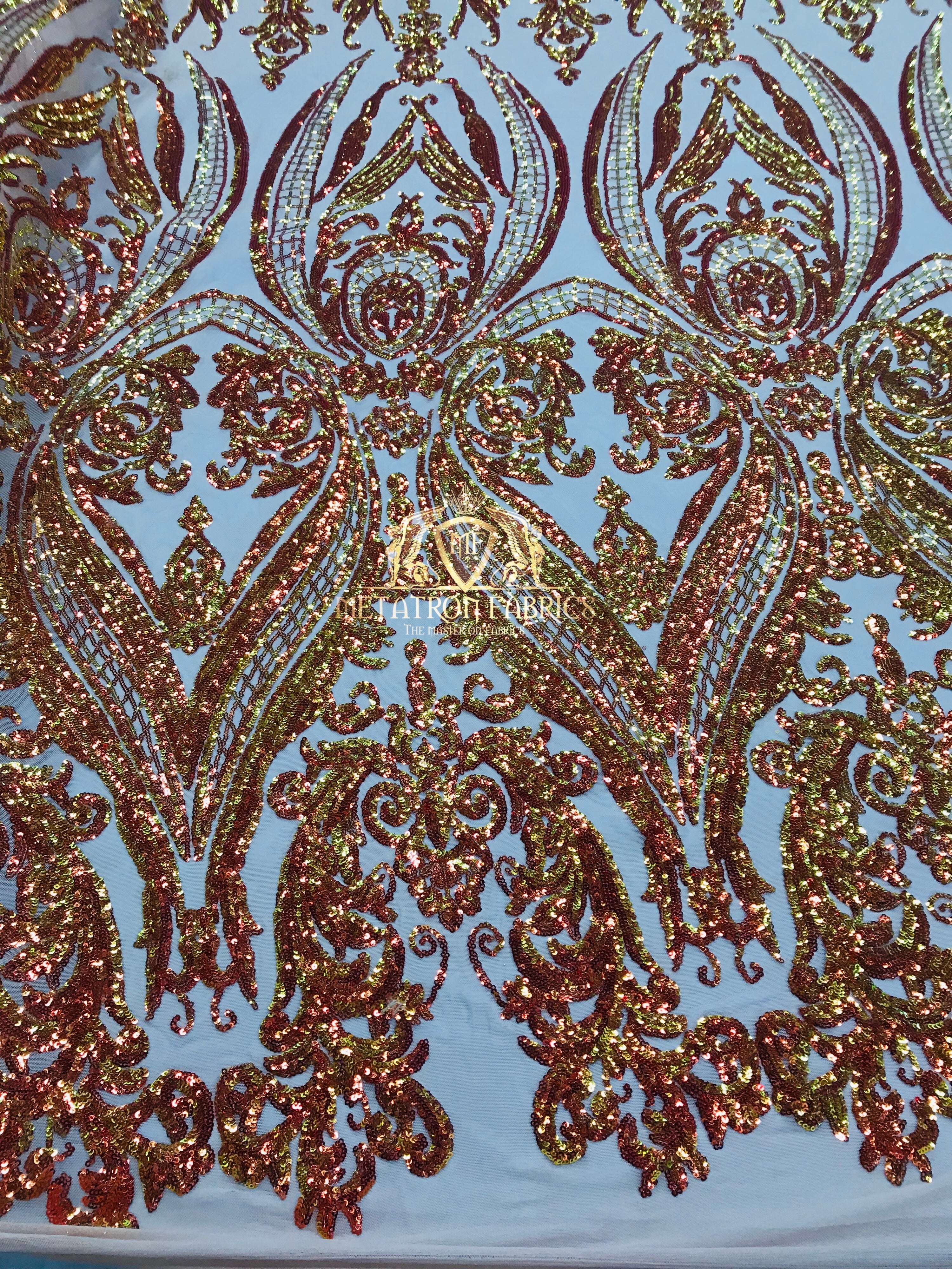 Big Damask Sequins Fabric - Orange - 4 Way Stretch Damask Sequins Design Fabric By Yard