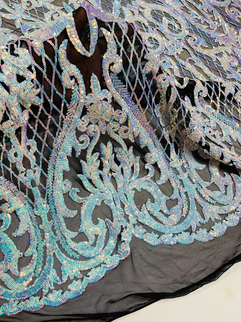 Heart Damask Sequins - Iridescent Aqua on Black  - 4 Way Stretch Sequins Fabric By Yard