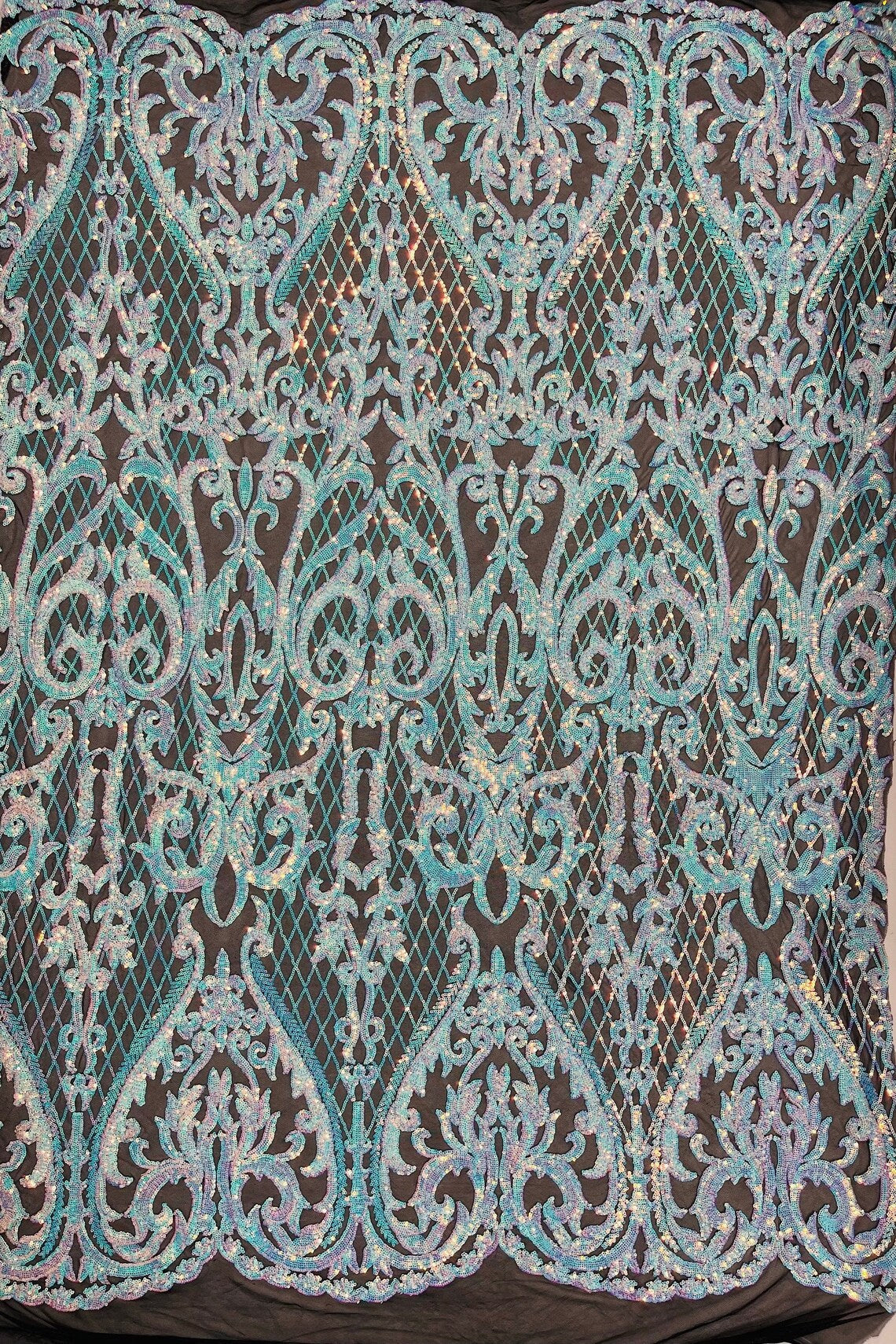Heart Damask Sequins - Iridescent Aqua on Black  - 4 Way Stretch Sequins Fabric By Yard