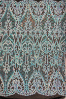 Heart Damask Sequins - Iridescent Aqua on Black  - 4 Way Stretch Sequins Fabric By Yard