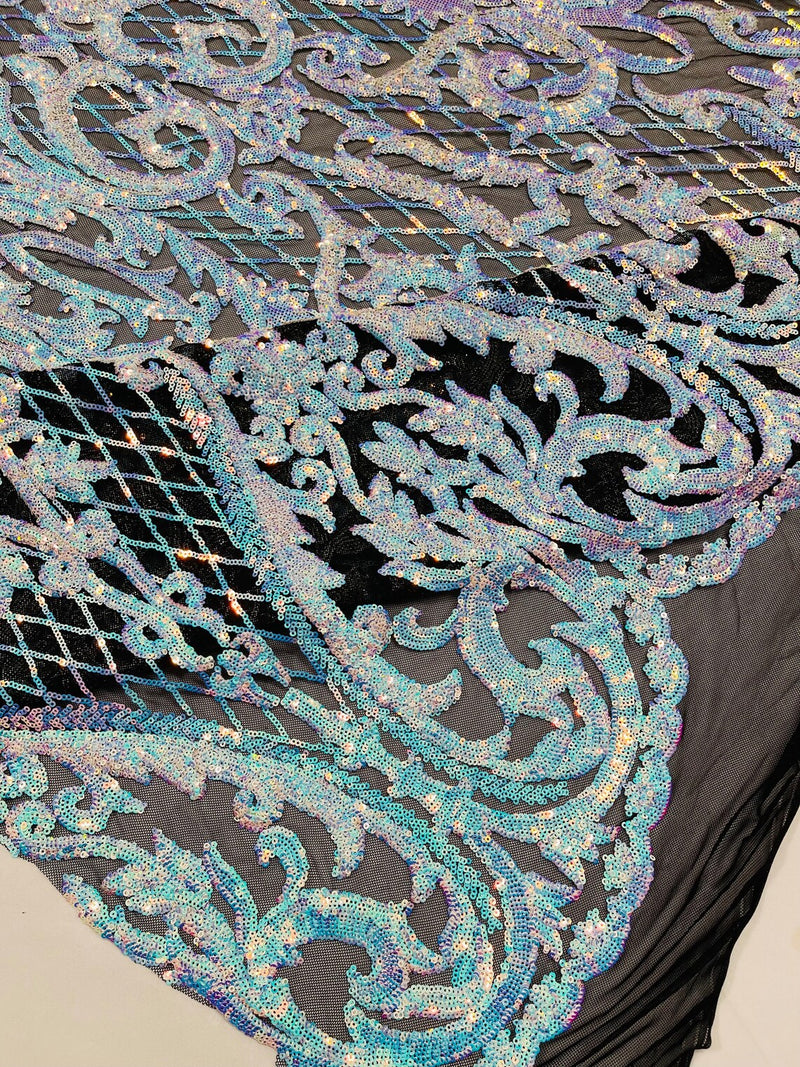 Heart Damask Sequins - Iridescent Aqua on Black  - 4 Way Stretch Sequins Fabric By Yard