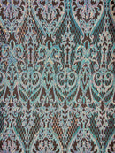 Heart Damask Sequins - Iridescent Aqua on Black  - 4 Way Stretch Sequins Fabric By Yard