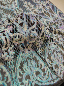 Heart Damask Sequins - Iridescent Aqua on Black  - 4 Way Stretch Sequins Fabric By Yard
