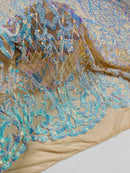 Heart Damask Sequins - Iridescent Aqua on Nude  - 4 Way Stretch Sequins Fabric By Yard