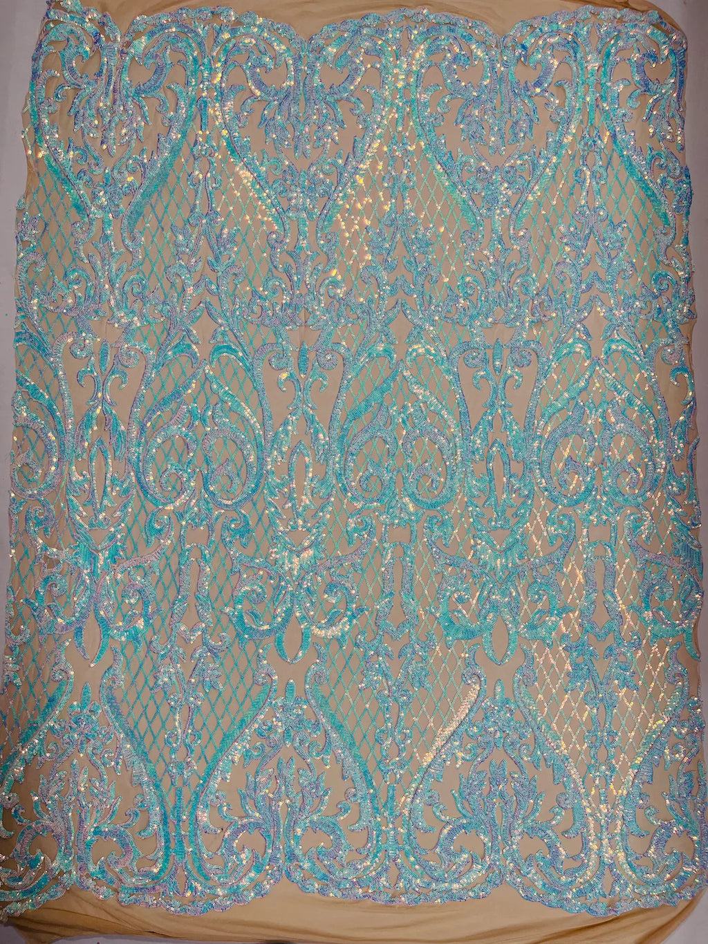 Heart Damask Sequins - Iridescent Aqua on Nude  - 4 Way Stretch Sequins Fabric By Yard