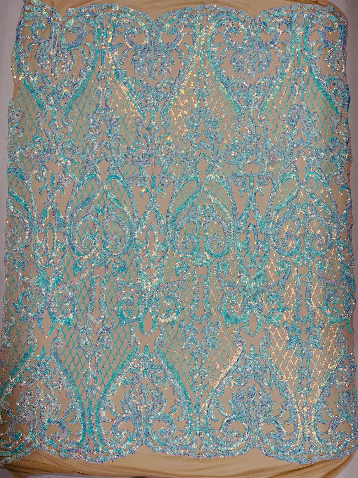 Heart Damask Sequins - Iridescent Aqua on Nude  - 4 Way Stretch Sequins Fabric By Yard