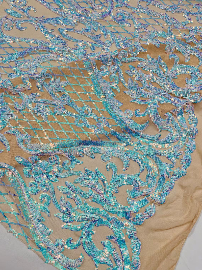 Heart Damask Sequins - Iridescent Aqua on Nude  - 4 Way Stretch Sequins Fabric By Yard