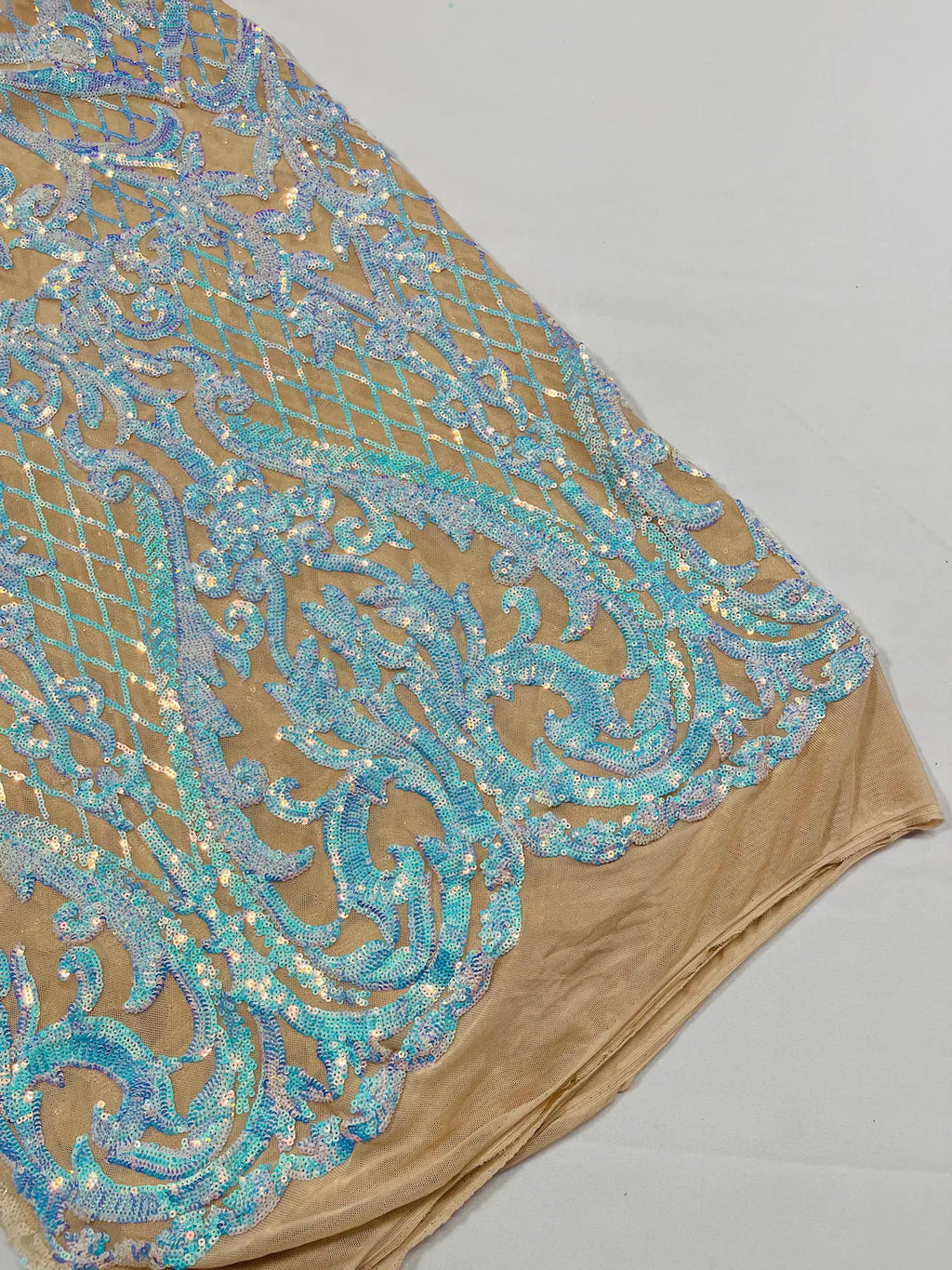 Heart Damask Sequins - Iridescent Aqua on Nude  - 4 Way Stretch Sequins Fabric By Yard