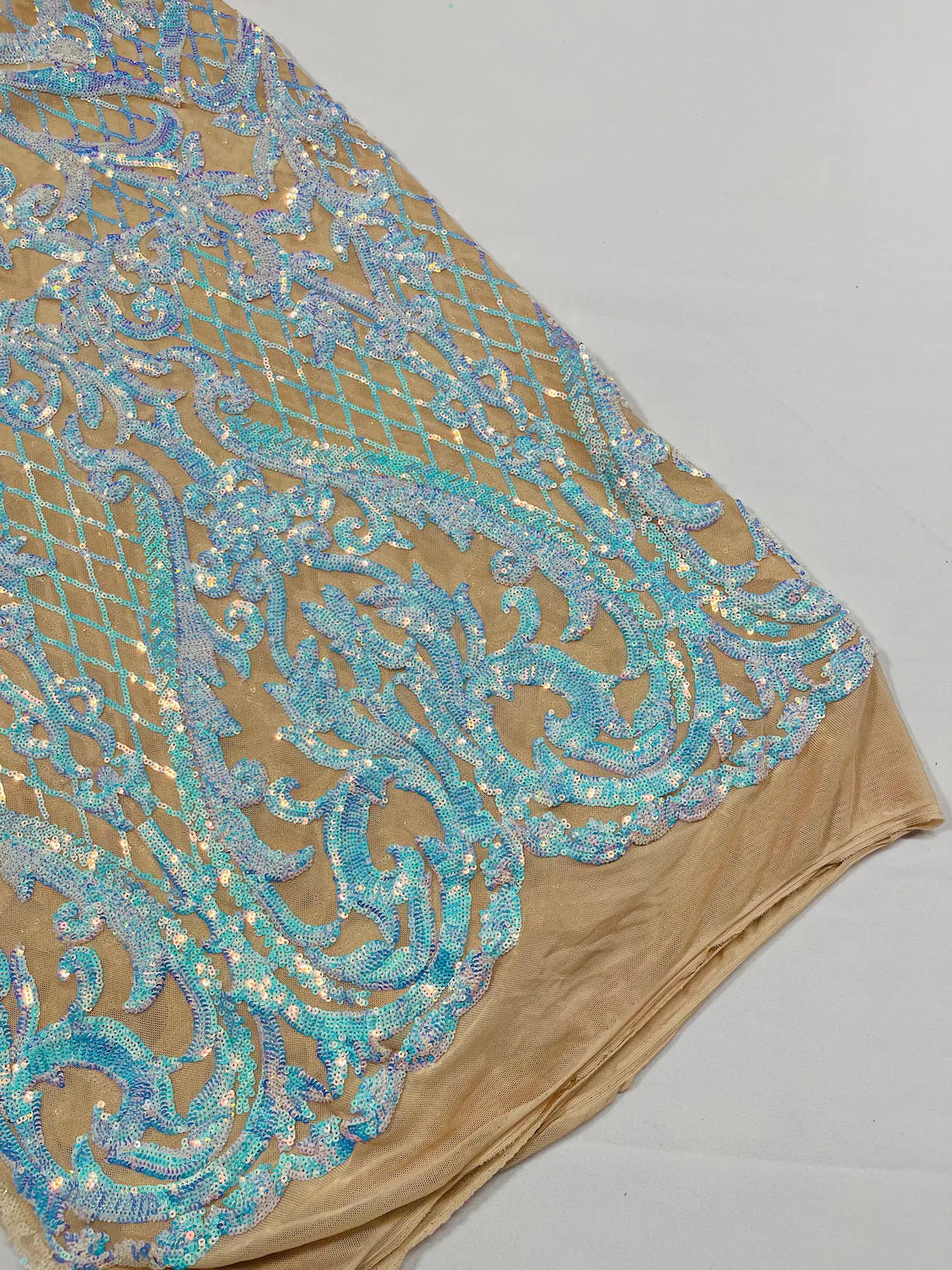 Heart Damask Sequins - Iridescent Aqua on Nude  - 4 Way Stretch Sequins Fabric By Yard