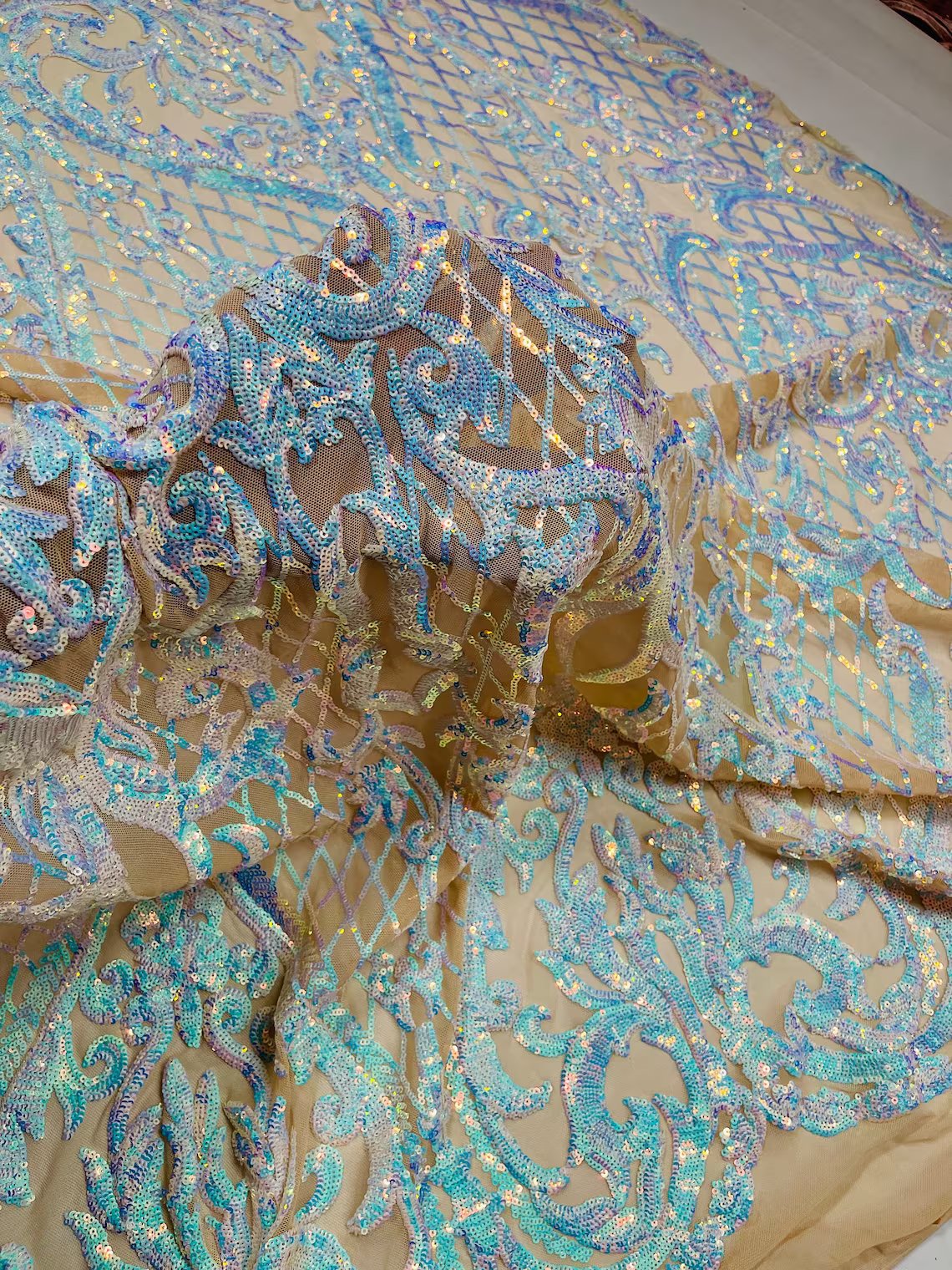 Heart Damask Sequins - Iridescent Aqua on Nude  - 4 Way Stretch Sequins Fabric By Yard