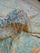 Heart Damask Sequins - Iridescent Aqua on Nude  - 4 Way Stretch Sequins Fabric By Yard