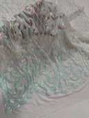 Heart Damask Sequins - Iridescent Aqua on White  - 4 Way Stretch Sequins Fabric By Yard
