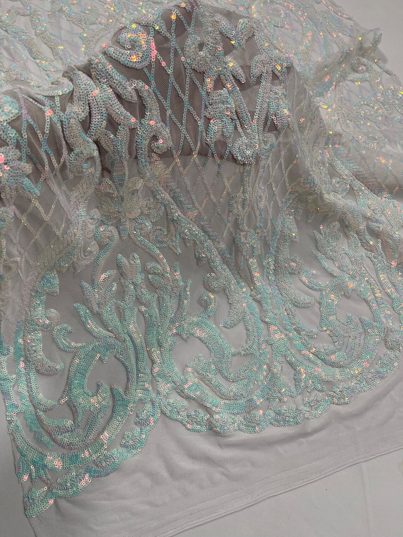 Heart Damask Sequins - Iridescent Aqua on White  - 4 Way Stretch Sequins Fabric By Yard