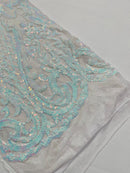 Heart Damask Sequins - Iridescent Aqua on White  - 4 Way Stretch Sequins Fabric By Yard