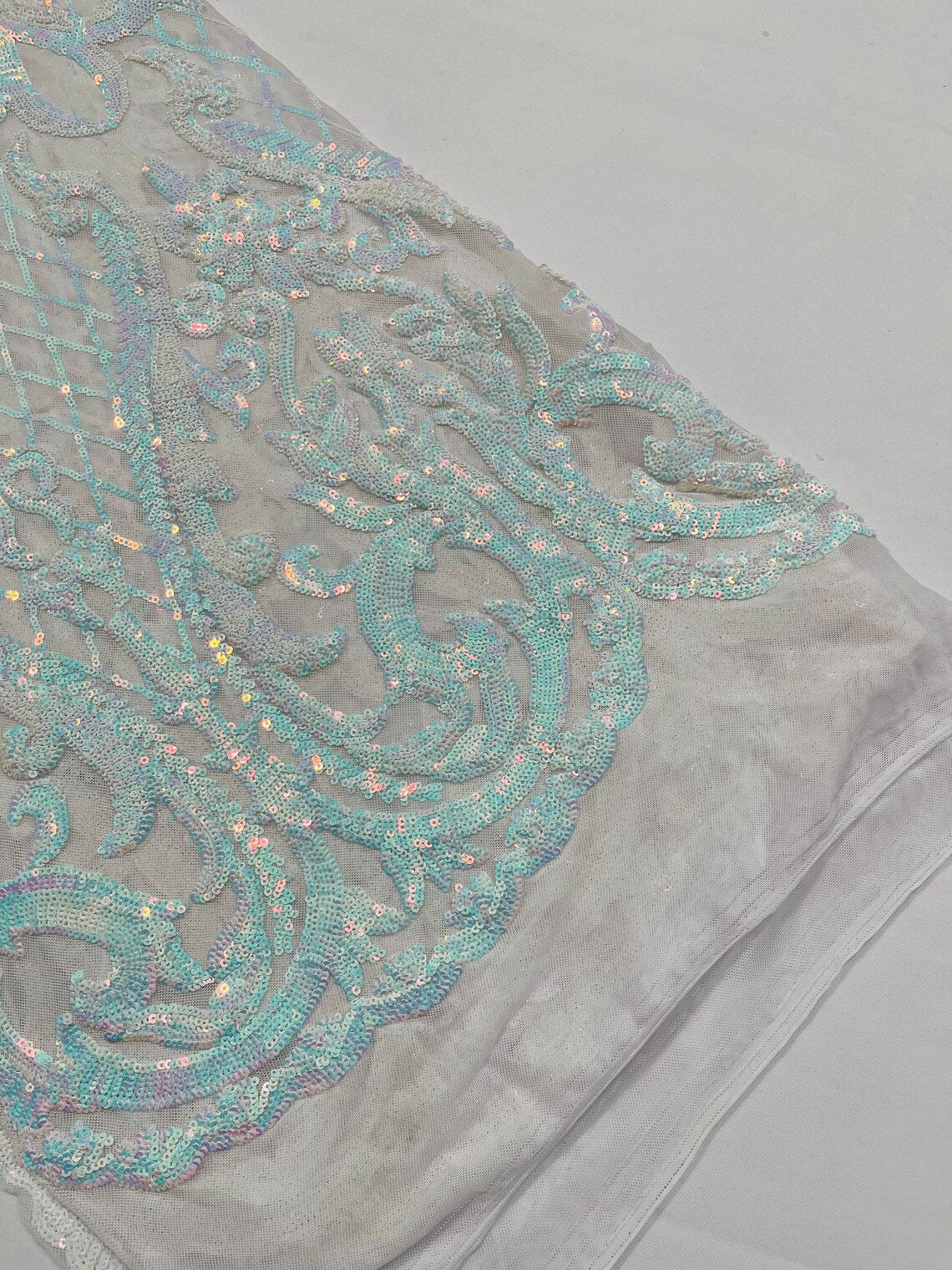 Heart Damask Sequins - Iridescent Aqua on White  - 4 Way Stretch Sequins Fabric By Yard