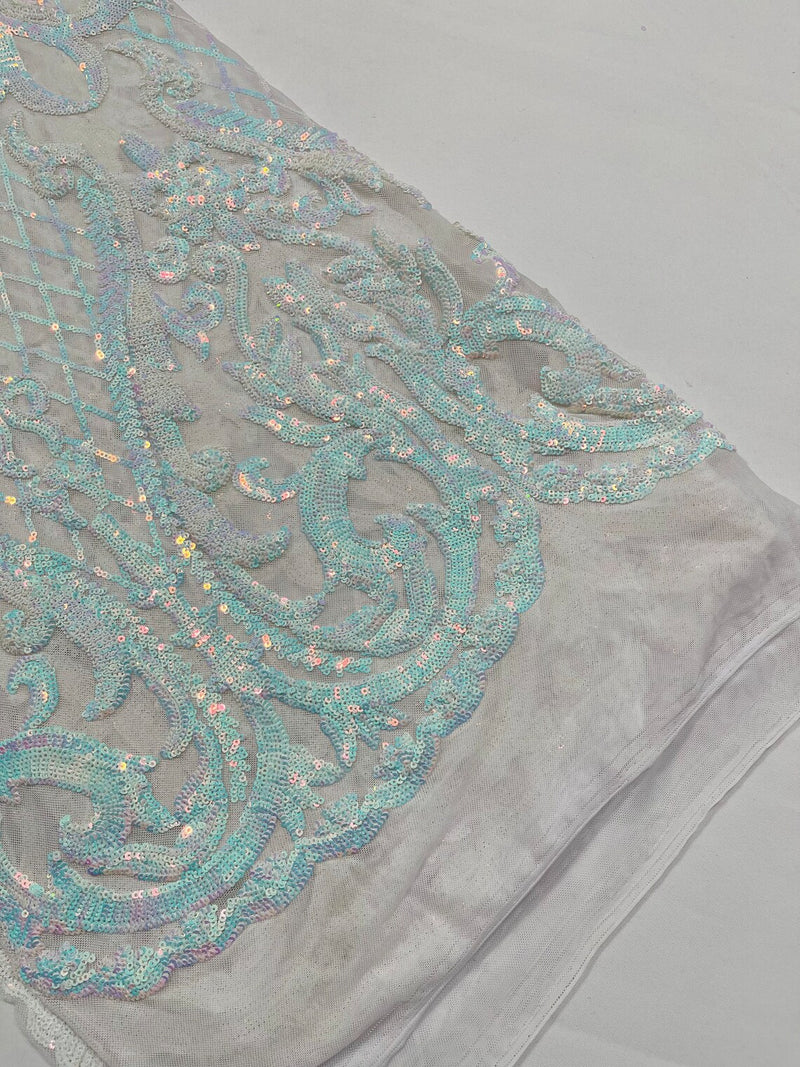 Heart Damask Sequins - Iridescent Aqua on White  - 4 Way Stretch Sequins Fabric By Yard