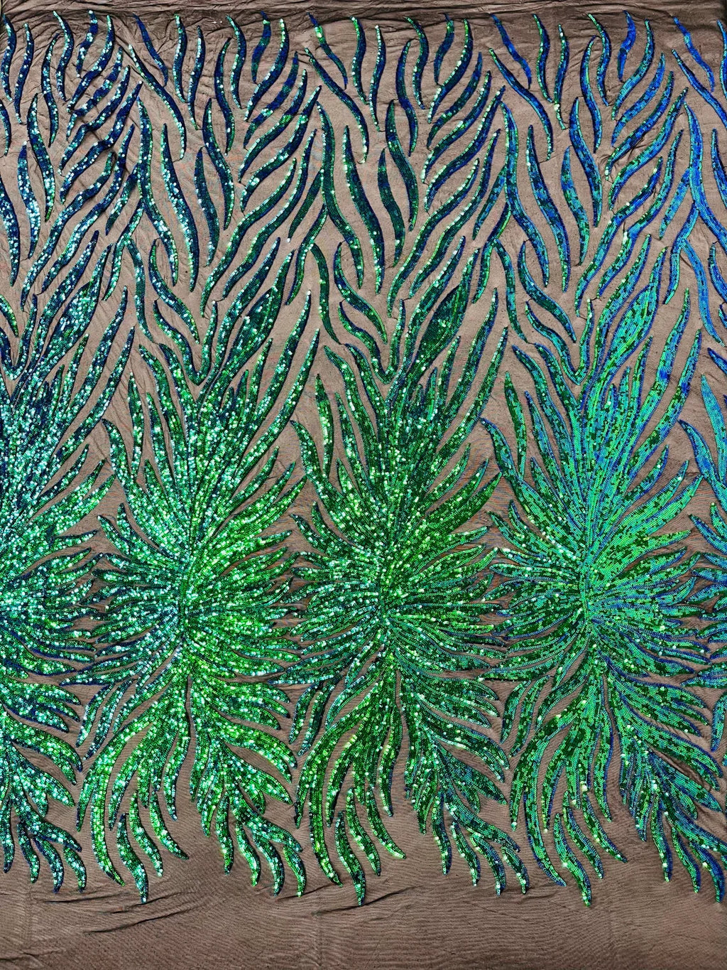 Angel Wing Sequin Design - Iridescent Blue/Green - Wing Patterns Embroidered with Sequins on Mesh Sold By Yard