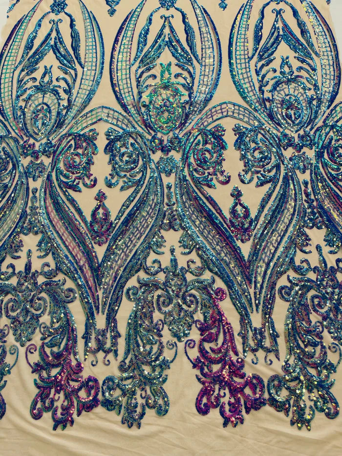 Damask Sequins Fabric - 4 Way Stretch Big Damask Sequins Fabric - Pick Color - 25 Yard Roll