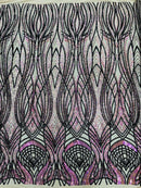 Long Wavy Pattern Sequins - Iridescent Purple / Black - 4 Way Stretch Sequins Fabric Design By Yard in