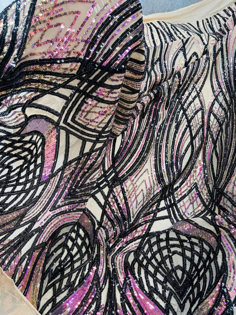 Long Wavy Pattern Sequins - Iridescent Purple / Black - 4 Way Stretch Sequins Fabric Design By Yard in