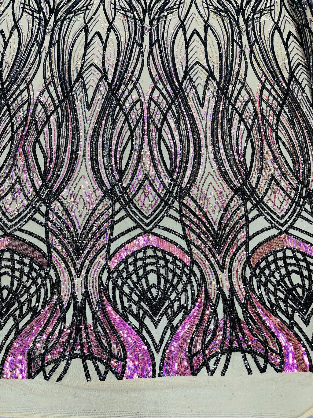 Long Wavy Pattern Sequins - Iridescent Purple / Black - 4 Way Stretch Sequins Fabric Design By Yard in