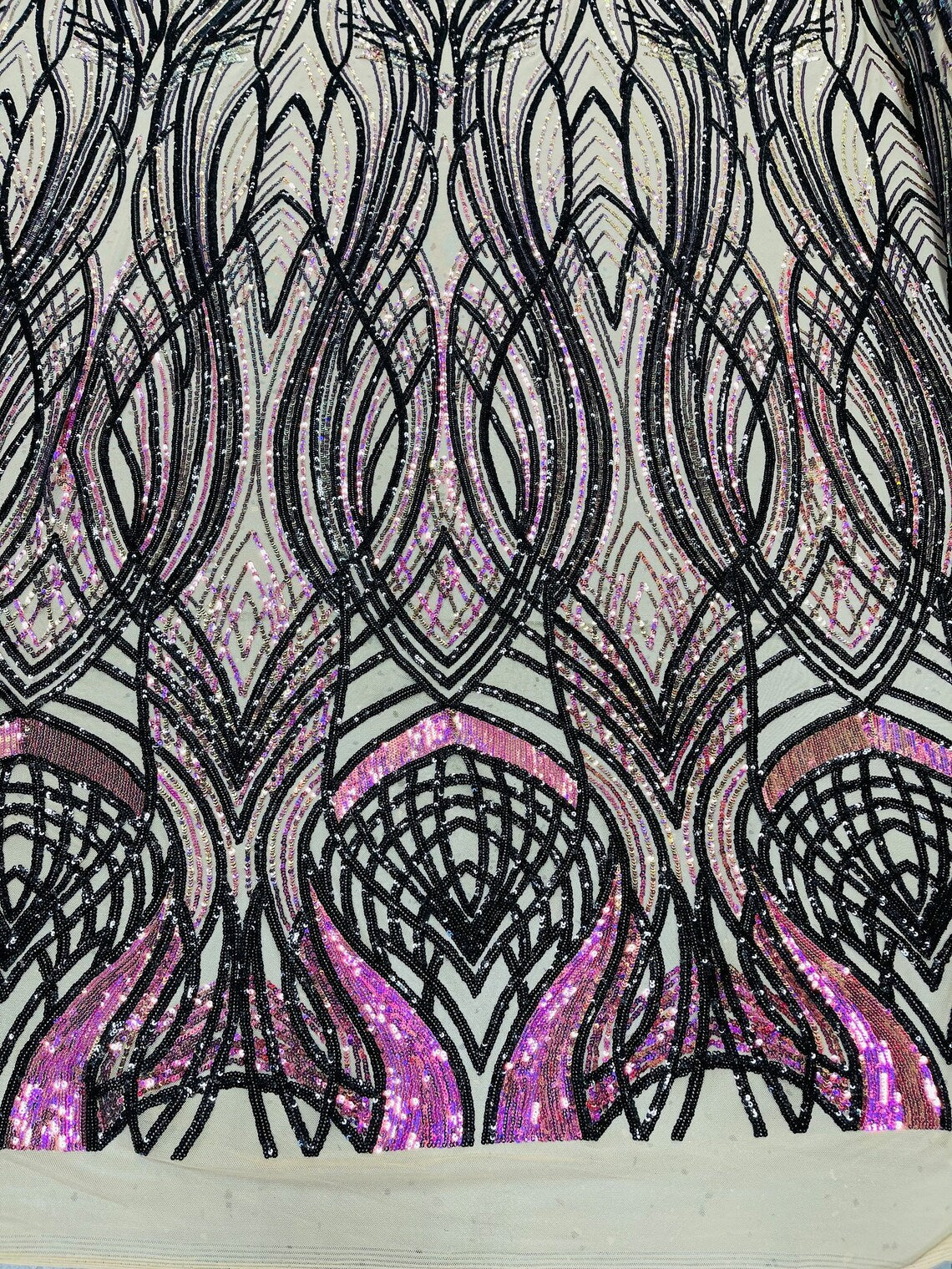 Long Wavy Pattern Sequins - Iridescent Purple / Black - 4 Way Stretch Sequins Fabric Design By Yard in