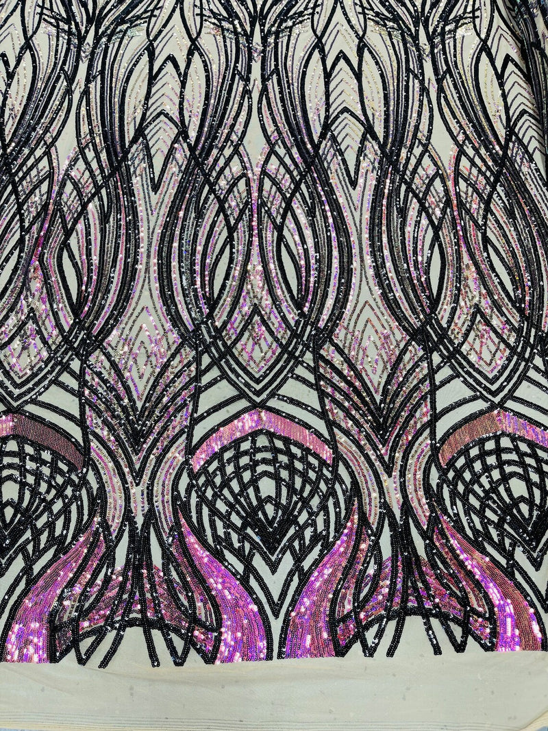 Long Wavy Pattern Sequins - Iridescent Purple / Black - 4 Way Stretch Sequins Fabric Design By Yard in