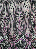 Long Wavy Pattern Sequins - Iridescent Purple / Black - 4 Way Stretch Sequins Fabric Design By Yard in
