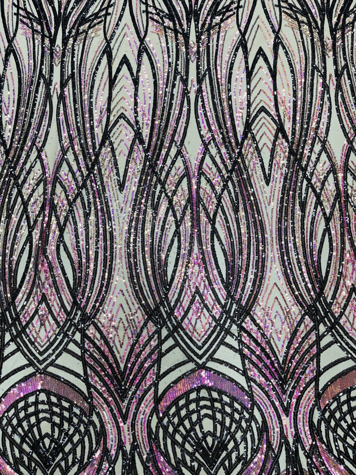 Long Wavy Pattern Sequins - Iridescent Purple / Black - 4 Way Stretch Sequins Fabric Design By Yard in