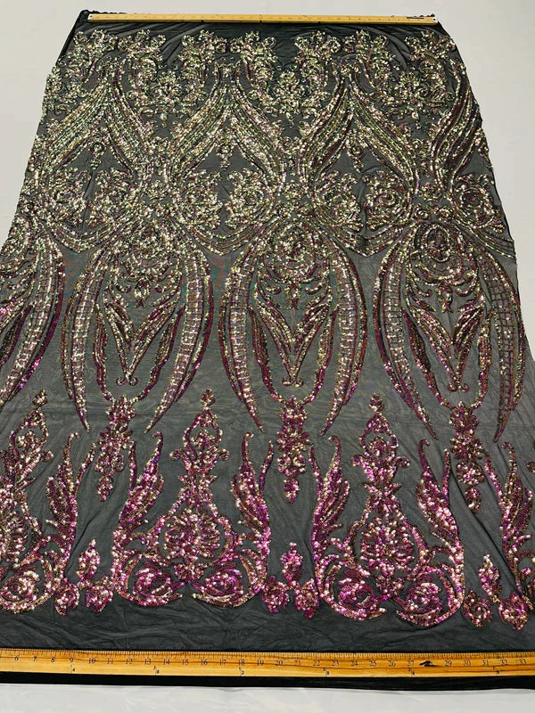 Damask Sequins Fabric - 4 Way Stretch Big Damask Sequins Fabric - Pick Color - 25 Yard Roll