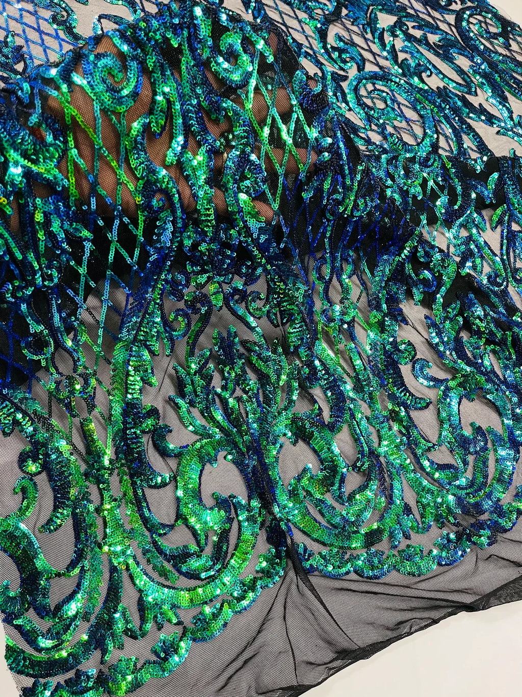 Heart Damask Sequins - Iridescent Green  - 4 Way Stretch Sequins Fabric By Yard