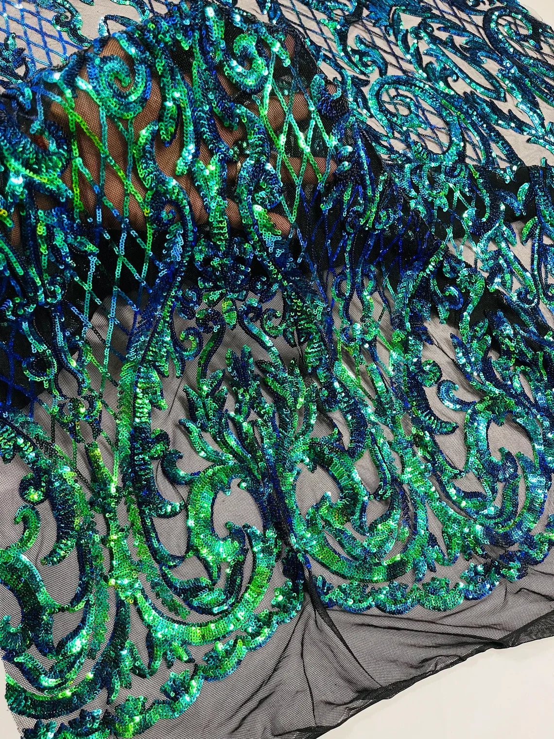 Heart Damask Sequins - Iridescent Green  - 4 Way Stretch Sequins Fabric By Yard