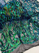 Heart Damask Sequins - Iridescent Green  - 4 Way Stretch Sequins Fabric By Yard