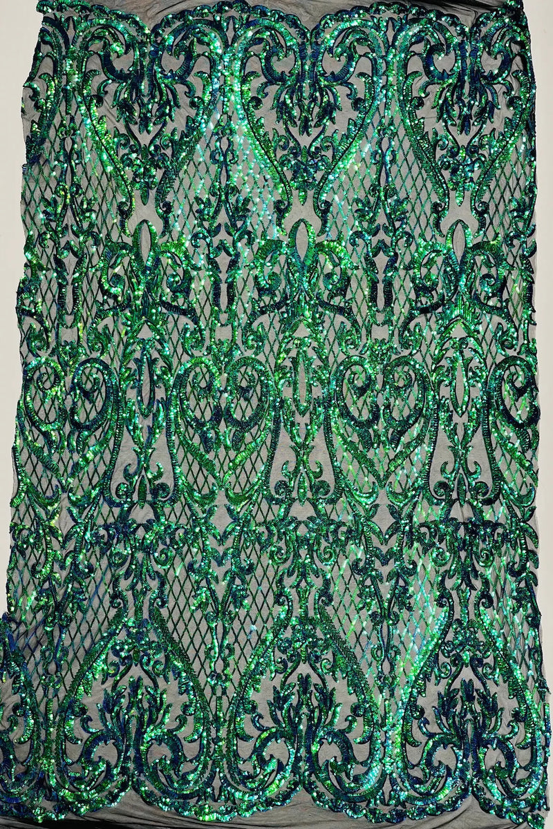 Heart Damask Sequins - Iridescent Green  - 4 Way Stretch Sequins Fabric By Yard