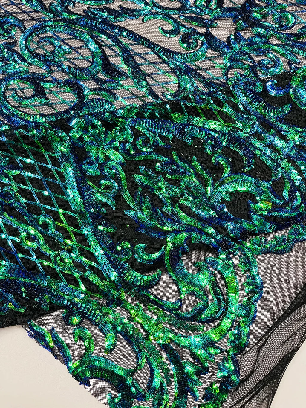 Heart Damask Sequins - Iridescent Green  - 4 Way Stretch Sequins Fabric By Yard