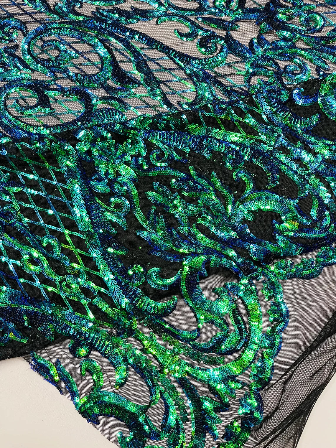 Heart Damask Sequins - Iridescent Green  - 4 Way Stretch Sequins Fabric By Yard