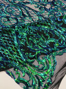 Heart Damask Sequins - Iridescent Green  - 4 Way Stretch Sequins Fabric By Yard
