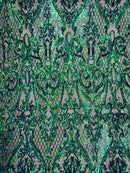 Heart Damask Sequins - Iridescent Green  - 4 Way Stretch Sequins Fabric By Yard