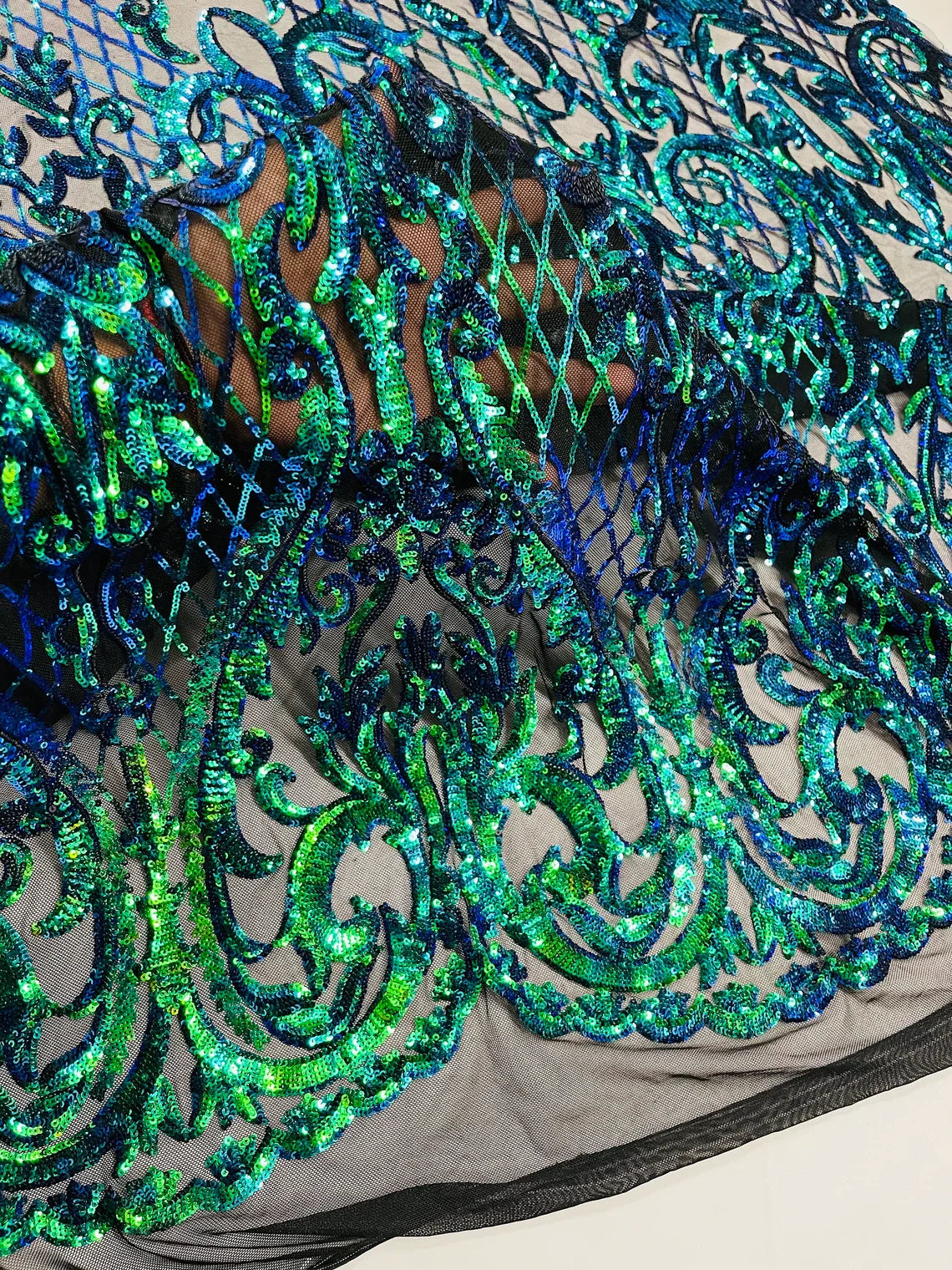 Heart Damask Sequins - Iridescent Green  - 4 Way Stretch Sequins Fabric By Yard